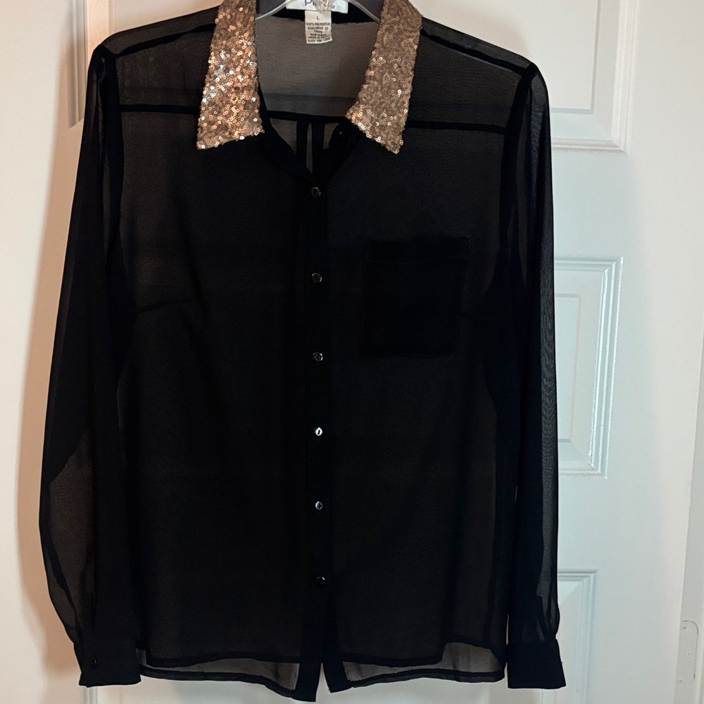 Pinky Black Sheer Shirt w/Gold Sequin Collar SZ L transparent party night out